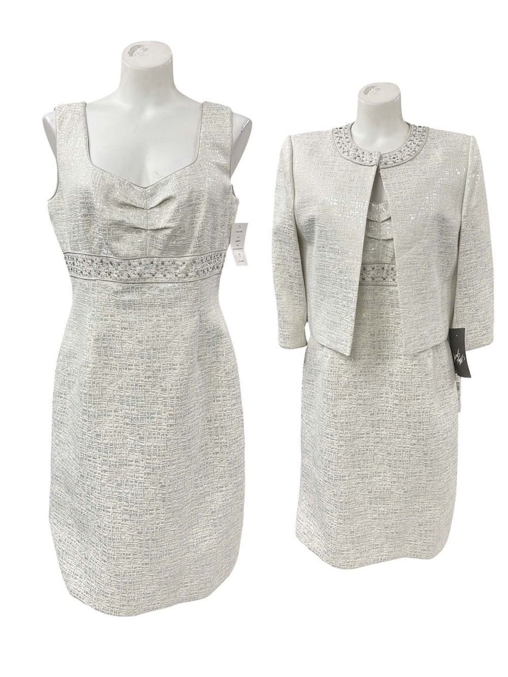 Tahari Silver Metallic Tweed Pencil Skirt & Jacket Set Size M